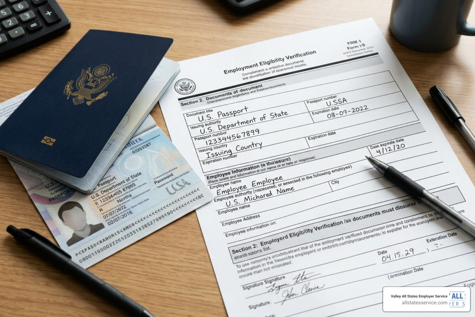 Completed Form I-9 Section 2 with passport details entered Completed Form I-9 Section 2 with passport details entered