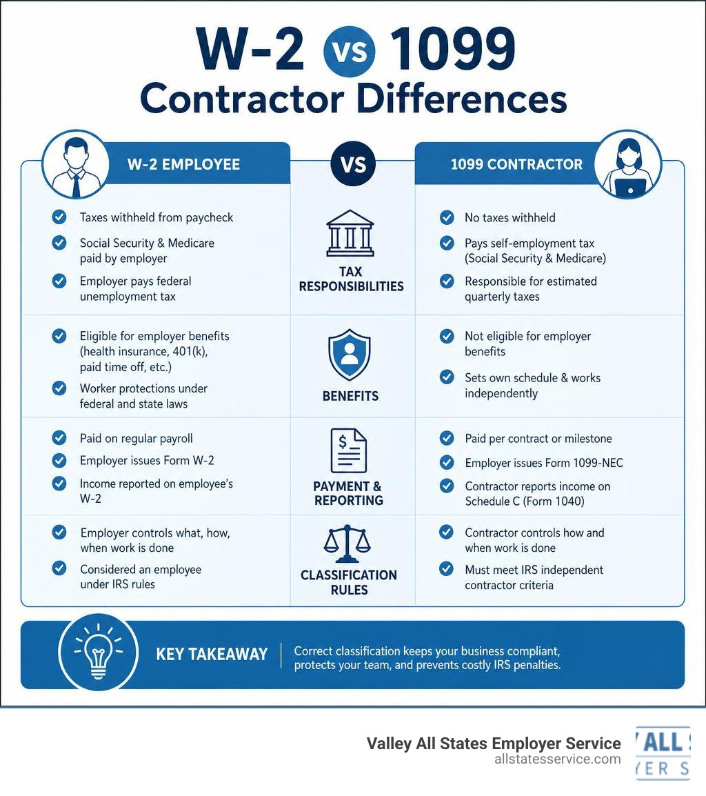 W-2 vs 1099 contractor differences infographic showing tax responsibilities, benefits, and classification rules infographic W-2 vs 1099 contractor differences infographic showing tax responsibilities, benefits, and classification rules infographic