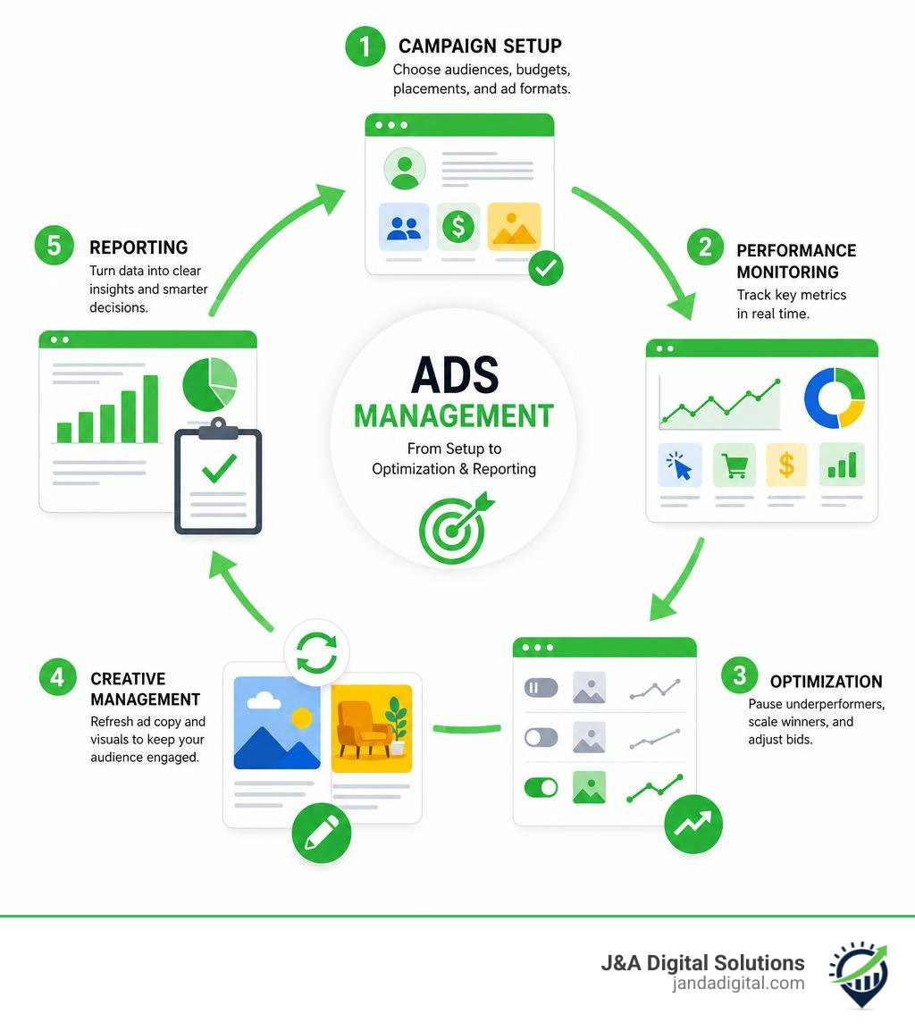 Infographic showing key components of ads management from setup to optimization and reporting infographic Infographic showing key components of ads management from setup to optimization and reporting infographic
