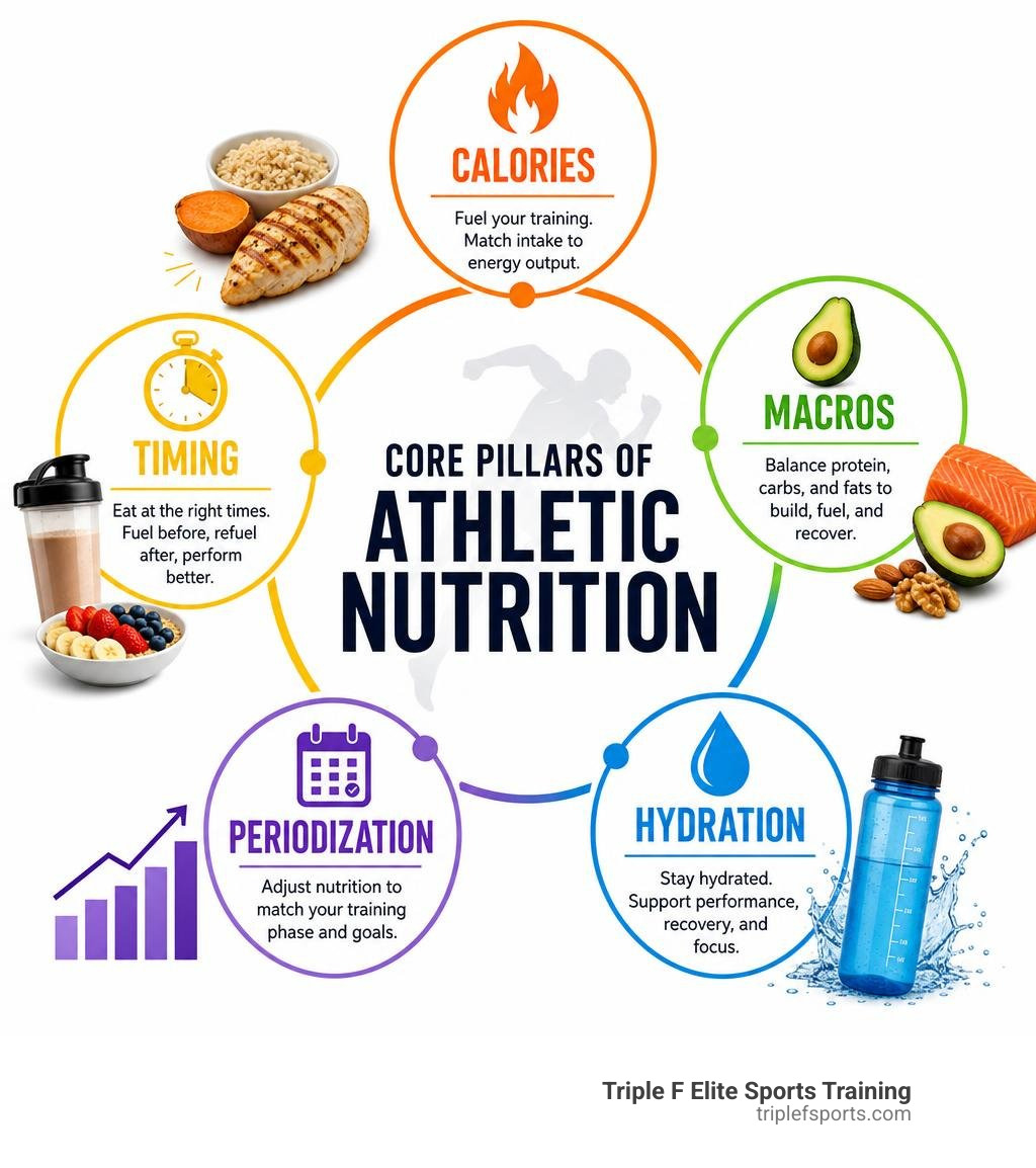 Core pillars of athletic nutrition: calories, macros, timing, hydration, periodization infographic Core pillars of athletic nutrition: calories, macros, timing, hydration, periodization infographic