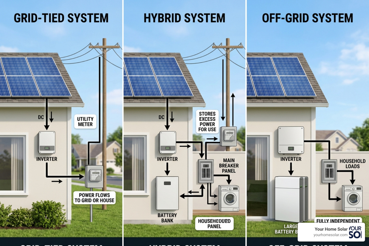 Grid-tied, hybrid, and off-grid solar system configurations Grid-tied, hybrid, and off-grid solar system configurations
