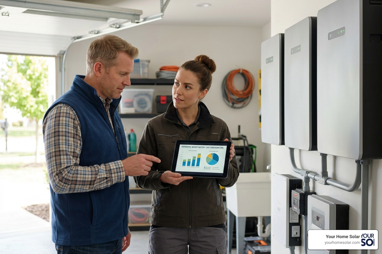 A modern residential solar battery backup system mounted neatly next to an electrical panel in a clean garage A modern residential solar battery backup system mounted neatly next to an electrical panel in a clean garage