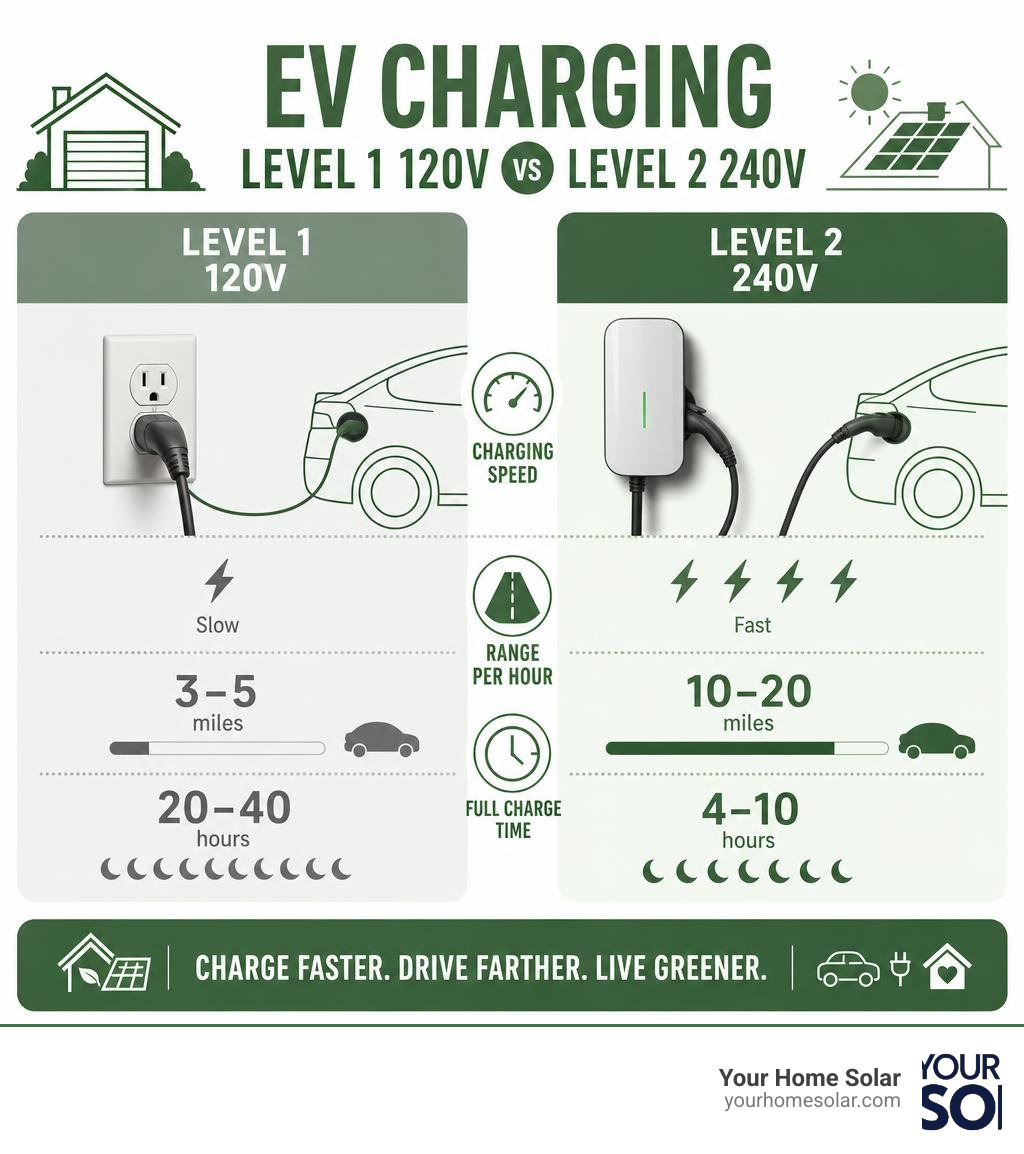 Infographic comparing Level 1 120V vs Level 2 240V EV charging speed, range per hour, and charge time infographic Infographic comparing Level 1 120V vs Level 2 240V EV charging speed, range per hour, and charge time infographic