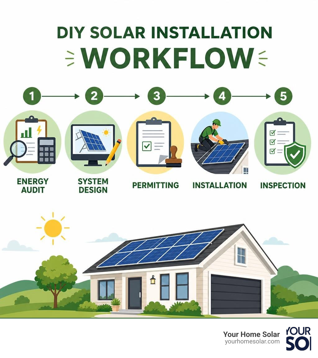 DIY solar installation workflow: energy audit, system design, permitting, installation, inspection infographic DIY solar installation workflow: energy audit, system design, permitting, installation, inspection infographic