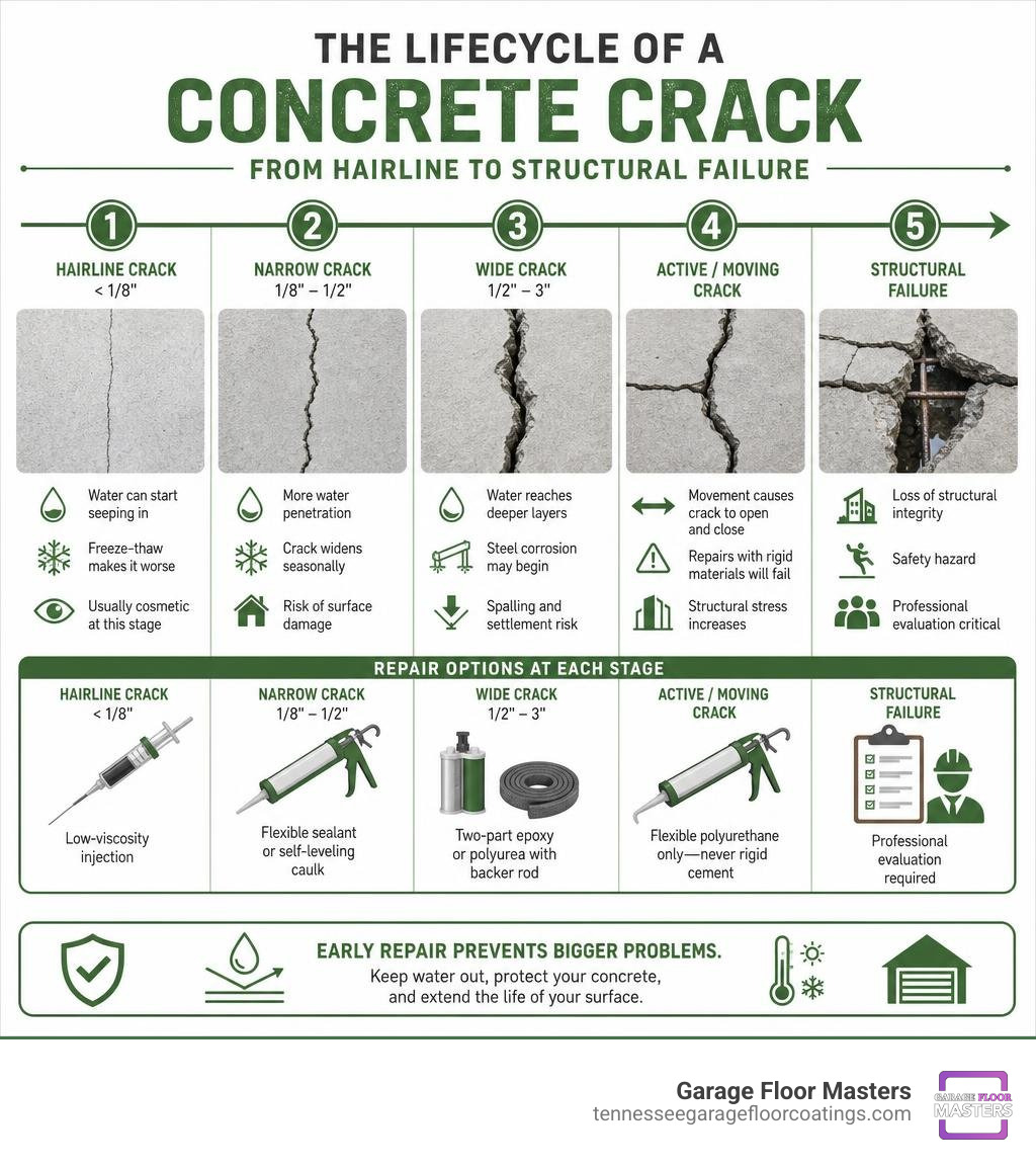 Lifecycle of a concrete crack from hairline to structural failure with repair options at each stage infographic Lifecycle of a concrete crack from hairline to structural failure with repair options at each stage infographic
