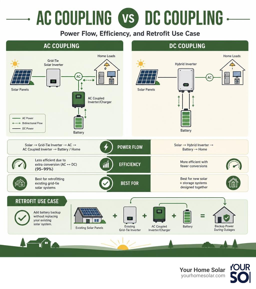 AC coupling vs DC coupling infographic showing power flow, efficiency, and retrofit use case infographic AC coupling vs DC coupling infographic showing power flow, efficiency, and retrofit use case infographic