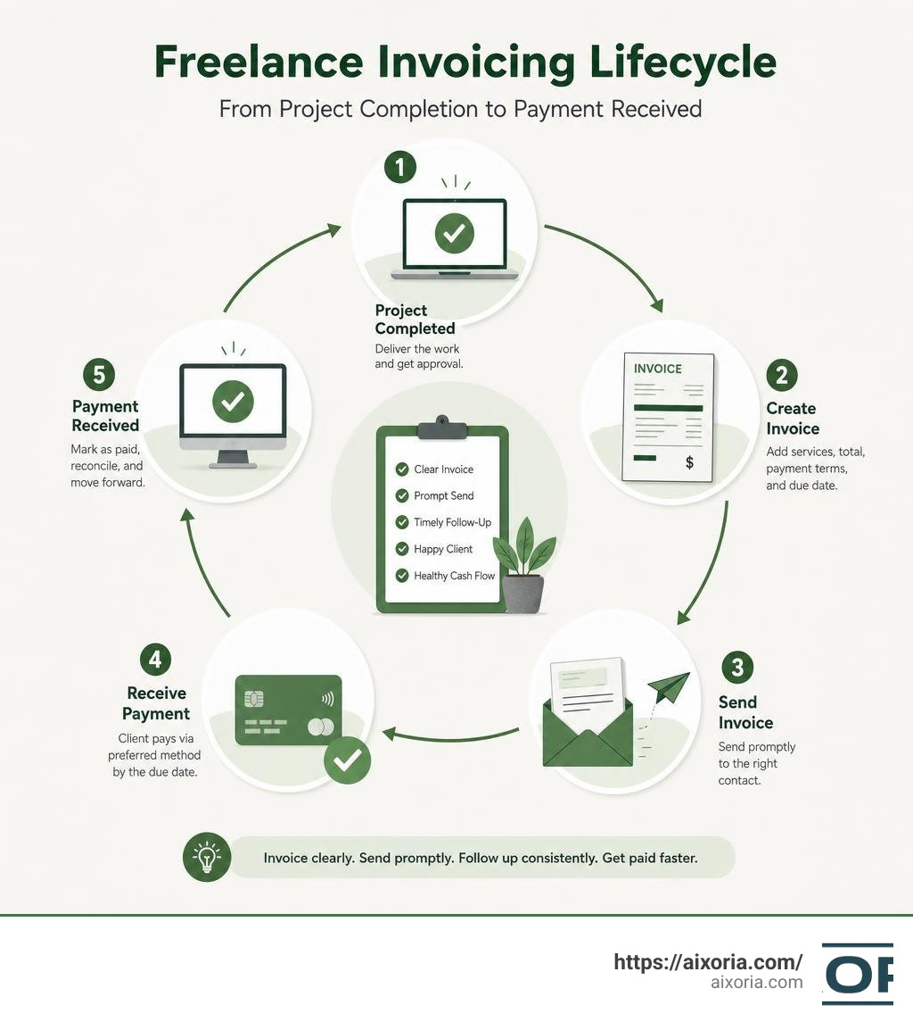 Freelance invoicing lifecycle from project completion to payment received infographic