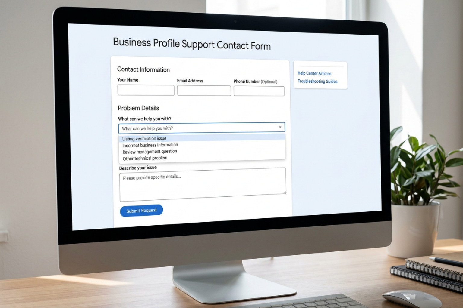 Google Business Profile support contact form interface