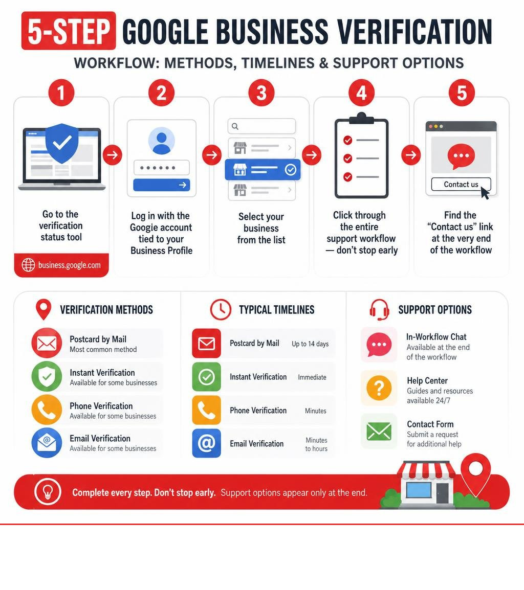 5-step Google Business verification workflow infographic with methods, timelines, and support options infographic