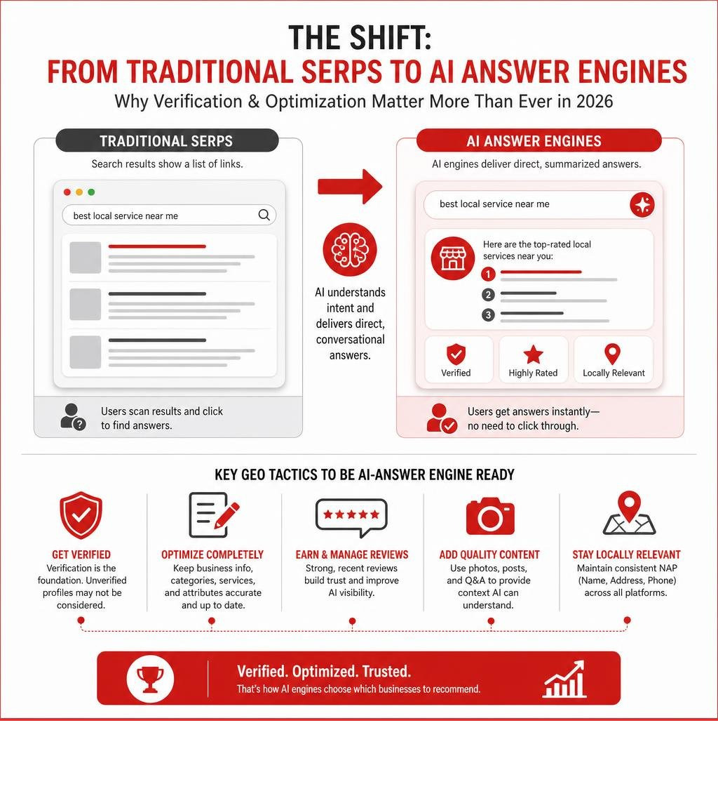 Infographics showing the shift from traditional SERPs to AI answer engines with key GEO tactics infographic