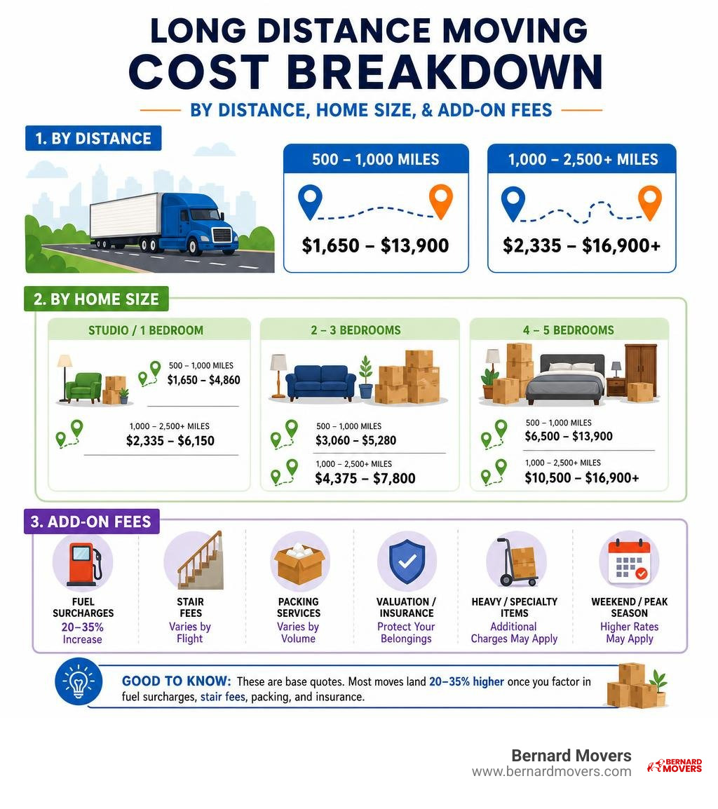 Infographic showing long distance moving cost breakdown by distance, home size, and add-on fees infographic Infographic showing long distance moving cost breakdown by distance, home size, and add-on fees infographic