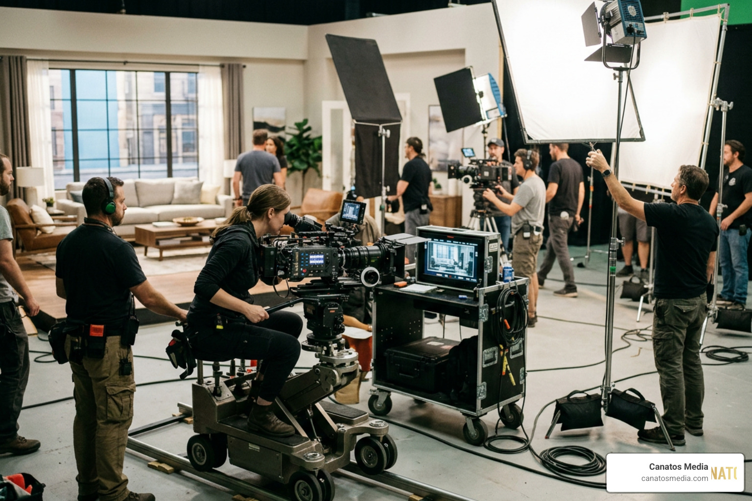 A professional crew operating high-end cinema cameras and lighting setups on a soundstage set
