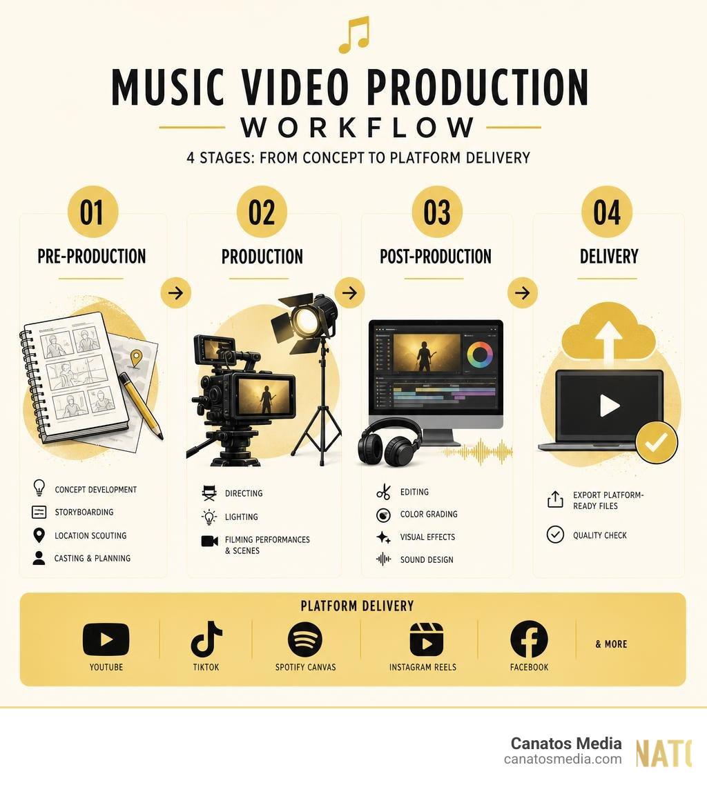 Music video production workflow infographic: 4 stages from concept to platform delivery infographic