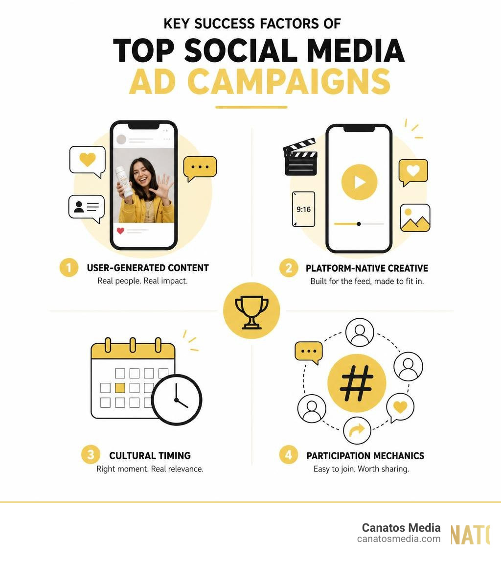 Infographic showing key success factors of top social media ad campaigns including UGC, platform-native creative, cultural