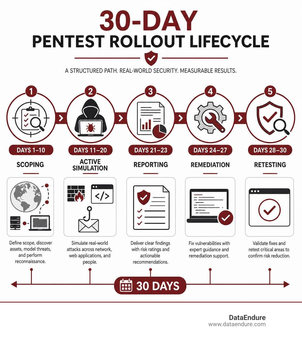 30-day pentest rollout lifecycle: scoping, active simulation, reporting, remediation, retesting infographic 30-day pentest rollout lifecycle: scoping, active simulation, reporting, remediation, retesting infographic
