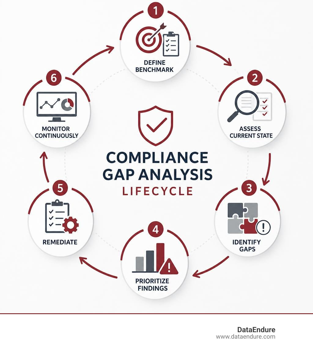 Compliance gap analysis lifecycle: define benchmark, assess current state, identify gaps, prioritize, remediate, monitor Compliance gap analysis lifecycle: define benchmark, assess current state, identify gaps, prioritize, remediate, monitor
