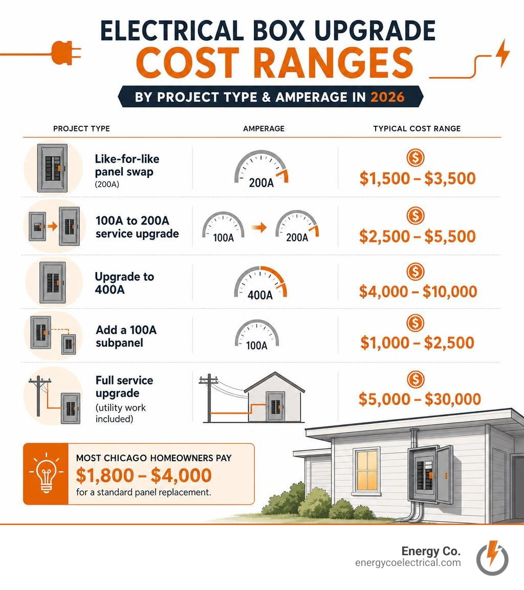 Infographic showing electrical box upgrade cost ranges by project type and amperage in 2026 infographic Infographic showing electrical box upgrade cost ranges by project type and amperage in 2026 infographic