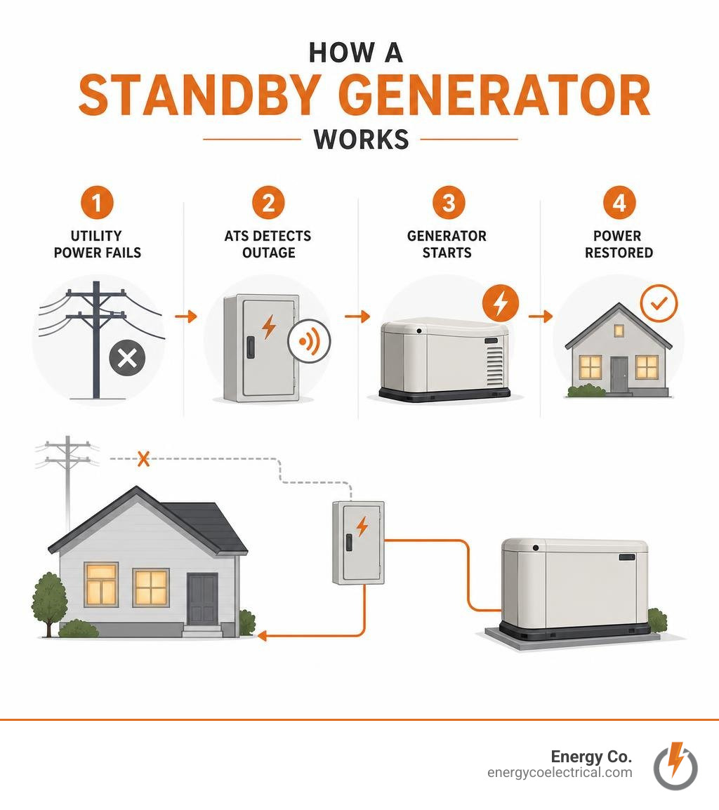 Infographic showing how a standby generator works: utility power fails, ATS detects outage, generator starts, power restored