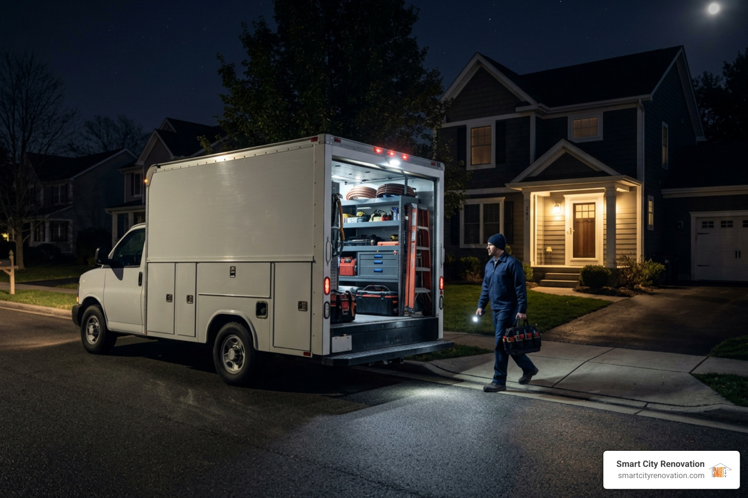 A fully stocked service truck arriving at a residential home for a midnight emergency HVAC call A fully stocked service truck arriving at a residential home for a midnight emergency HVAC call
