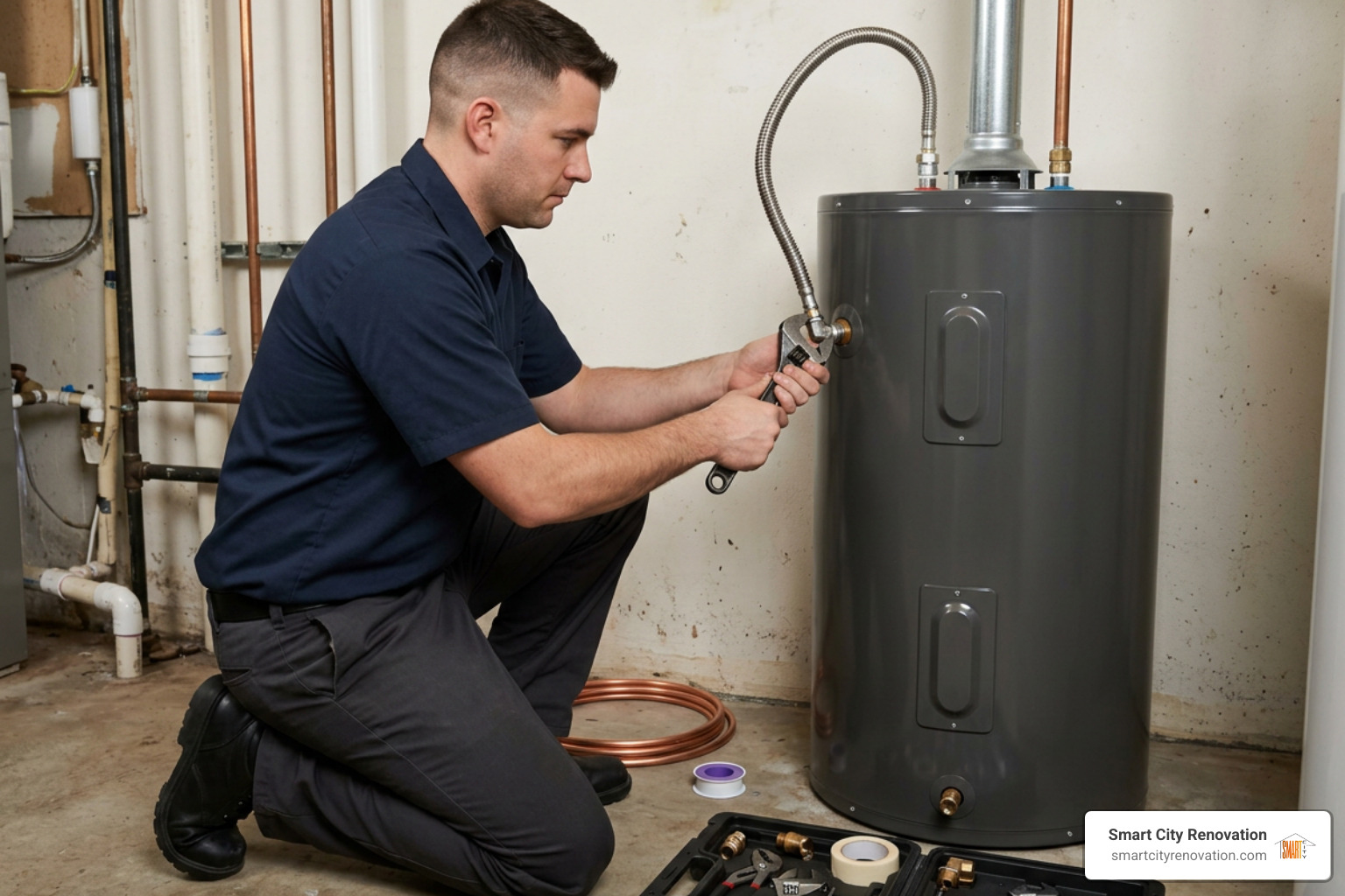 technician installing water heater technician installing water heater
