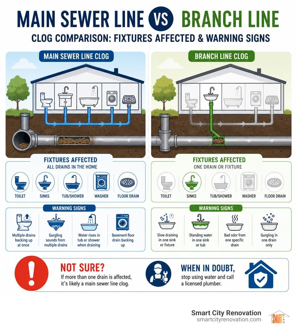 Main sewer line vs branch line clog comparison infographic showing fixtures affected and warning signs infographic Main sewer line vs branch line clog comparison infographic showing fixtures affected and warning signs infographic
