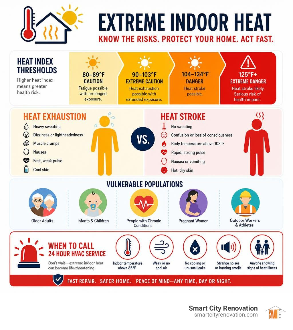 Infographic showing health risks of extreme indoor heat: heat index thresholds, heat exhaustion vs heat stroke, vulnerable Infographic showing health risks of extreme indoor heat: heat index thresholds, heat exhaustion vs heat stroke, vulnerable