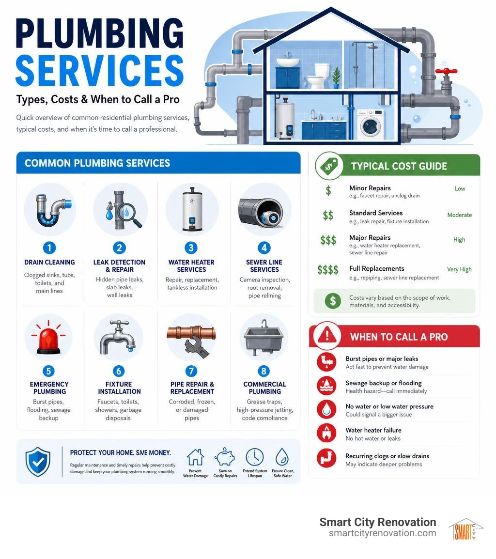 Overview infographic of residential plumbing services types costs and when to call a pro infographic Overview infographic of residential plumbing services types costs and when to call a pro infographic