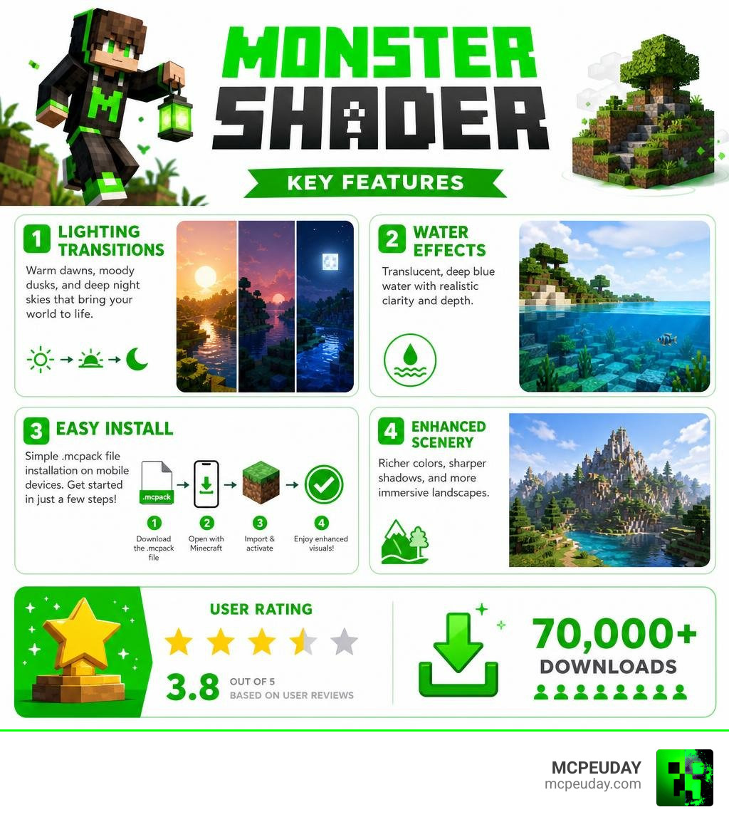 Monster Shader key features infographic: lighting transitions, water effects, install steps, and rating stats infographic