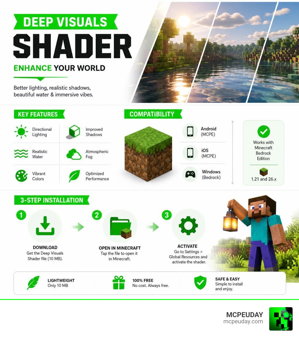 Infographic showing Deep Visuals Shader features, compatibility, and 3-step installation process infographic