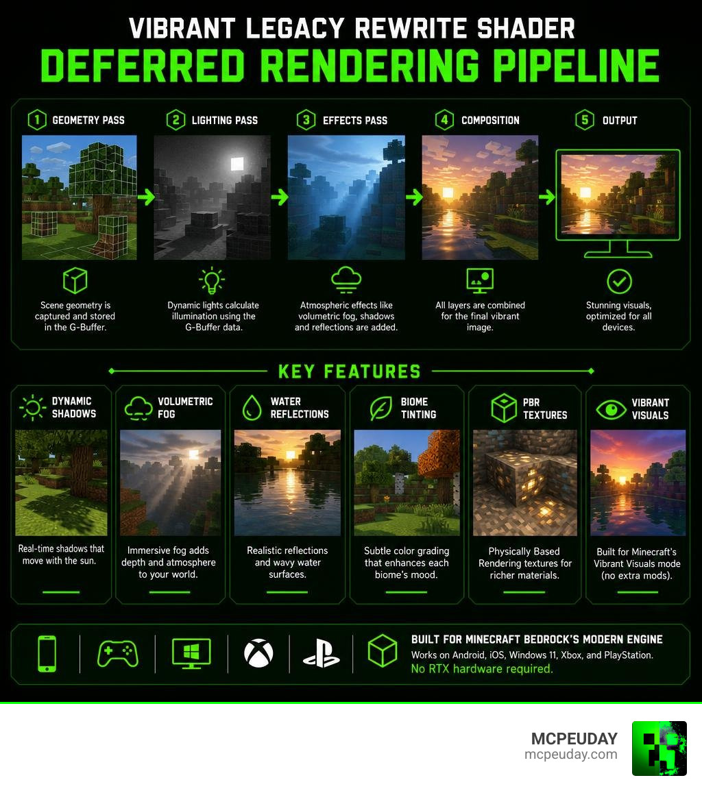 Infographic explaining Vibrant Legacy Rewrite Shader deferred rendering pipeline and key features infographic
