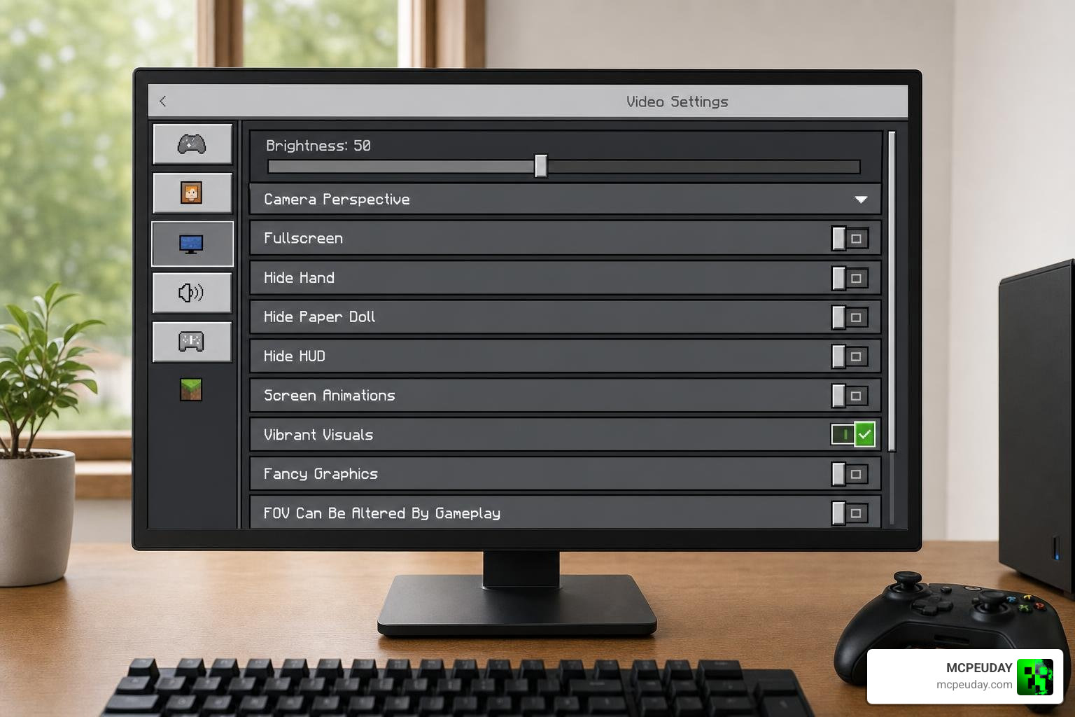 Minecraft Bedrock video settings menu showing Vibrant Visuals enabled
