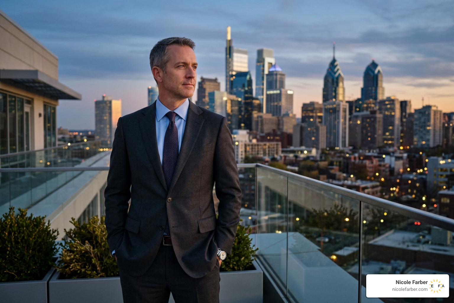 An executive overlooking the Philadelphia skyline, contemplating strategic decisions An executive overlooking the Philadelphia skyline, contemplating strategic decisions