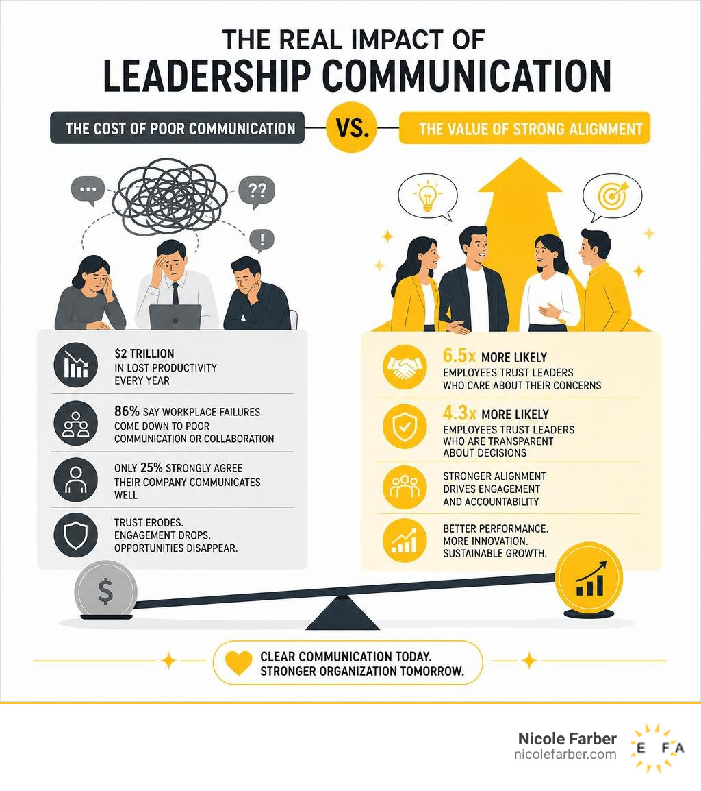 Infographic showing cost of poor leadership communication vs value of strong alignment infographic