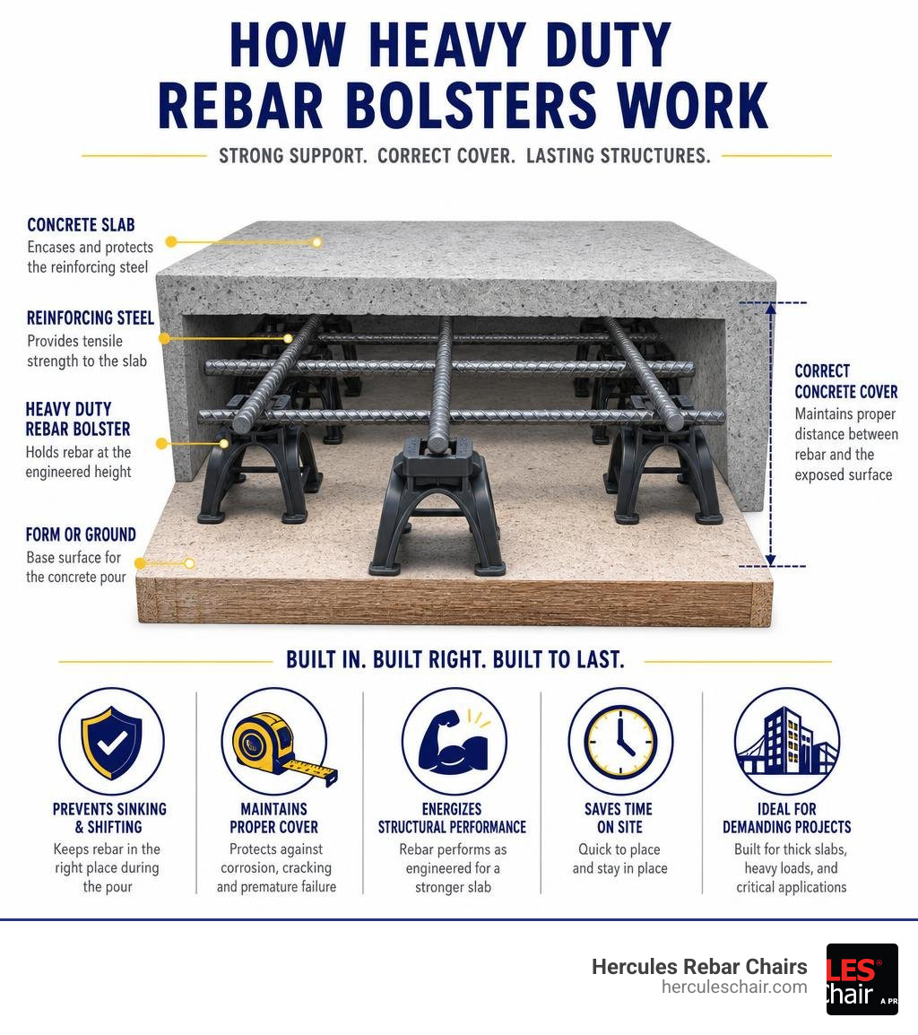 Infographic showing how heavy duty rebar bolsters work in a concrete slab cross-section infographic
