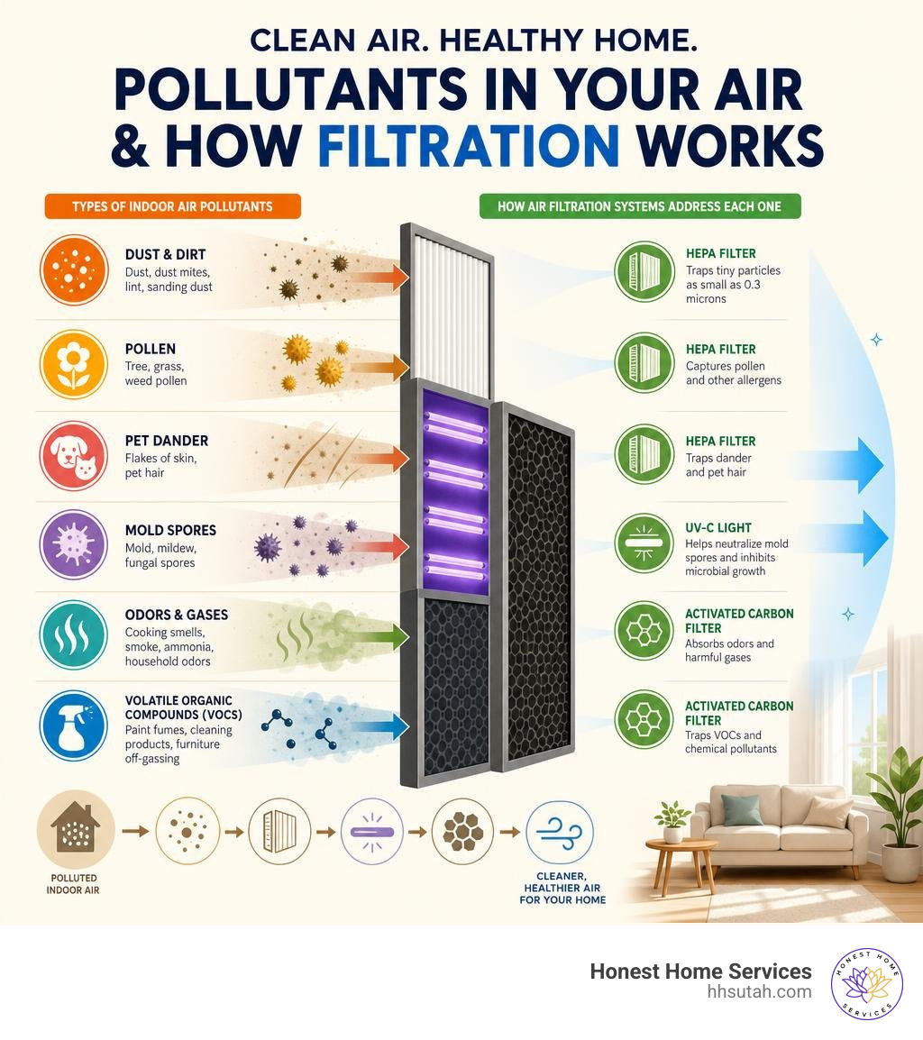 infographic showing types of indoor air pollutants and how air filtration systems address each one infographic infographic showing types of indoor air pollutants and how air filtration systems address each one infographic