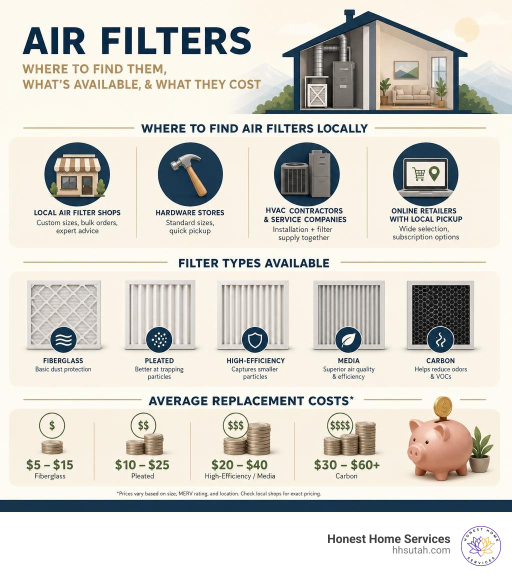 Infographic showing where to find air filters locally, filter types available, and average replacement costs infographic Infographic showing where to find air filters locally, filter types available, and average replacement costs infographic