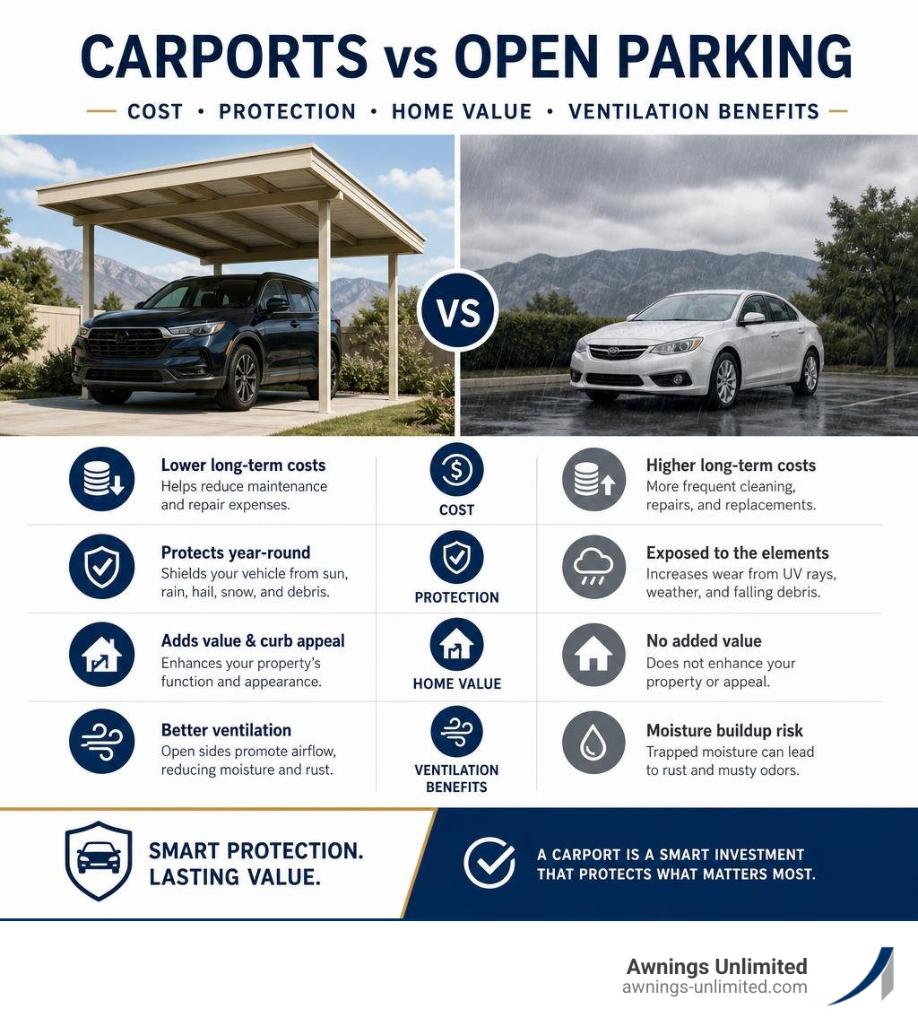 Infographic: carports vs open parking — cost, protection, home value, ventilation benefits infographic Infographic: carports vs open parking — cost, protection, home value, ventilation benefits infographic