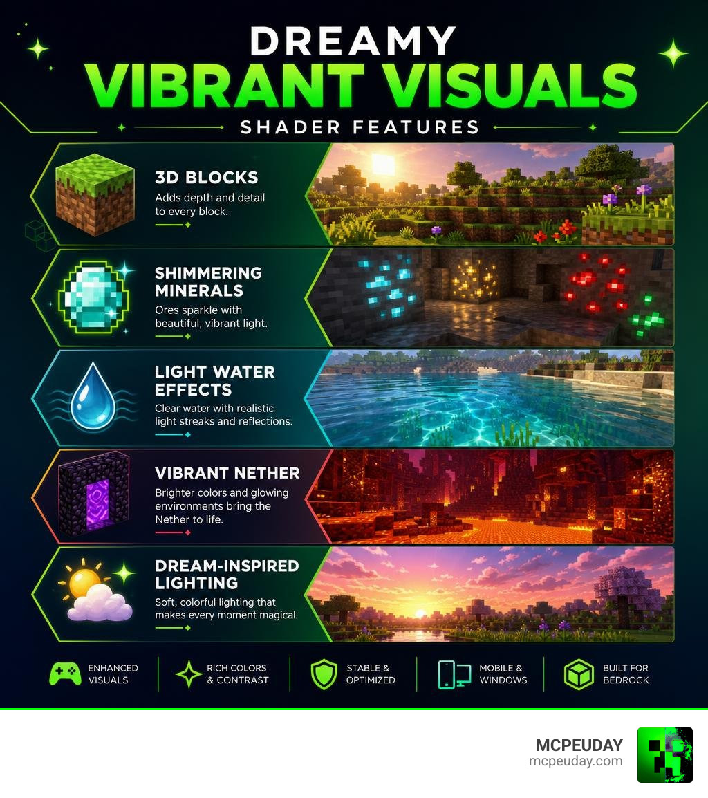 Dreamy Vibrant Visuals Shader features infographic: 3D blocks, shimmering minerals, light water effects, vibrant Nether, and