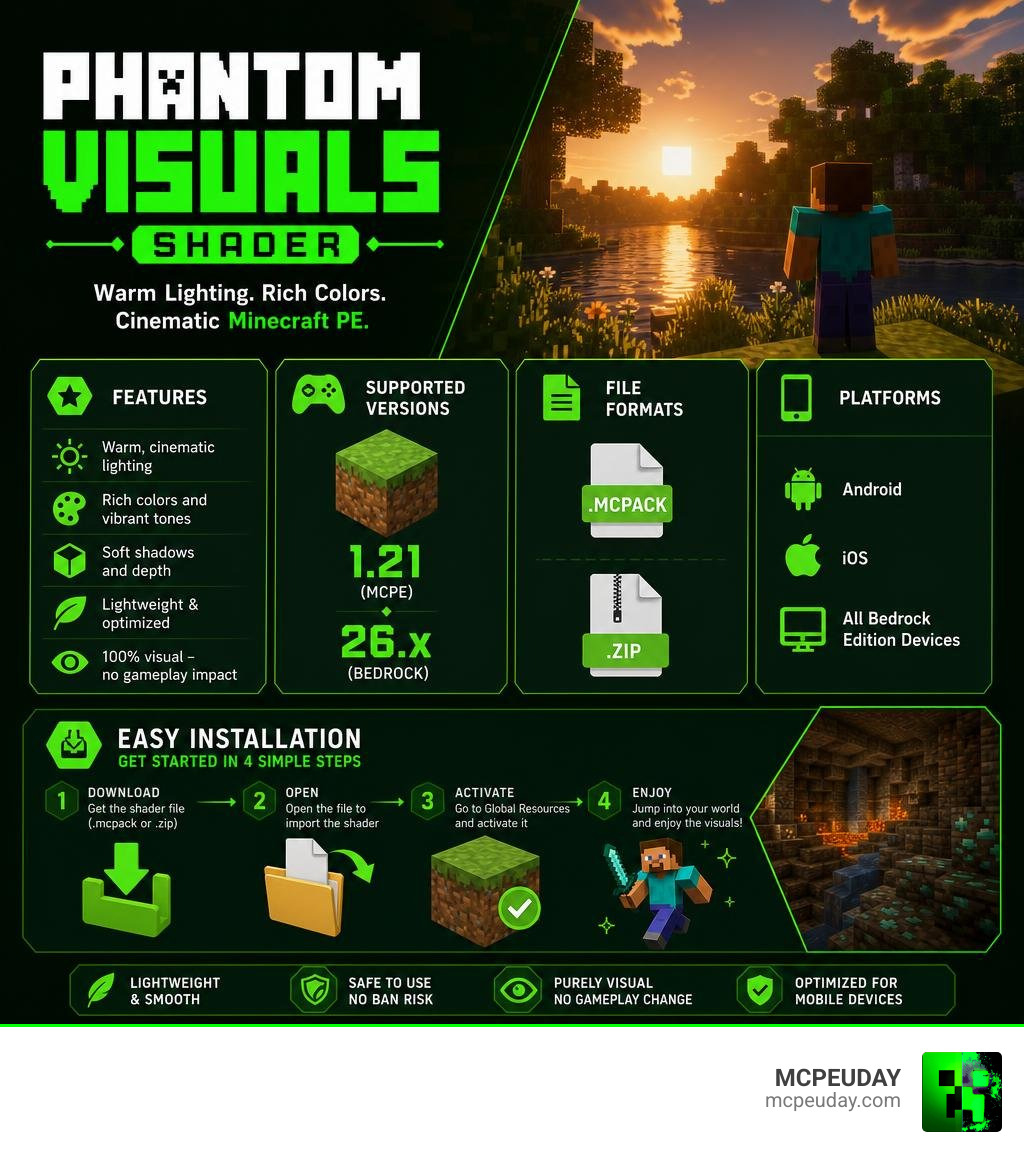 Infographic showing Phantom Visuals Shader features, supported versions, file formats, and install steps for MCPE infographic