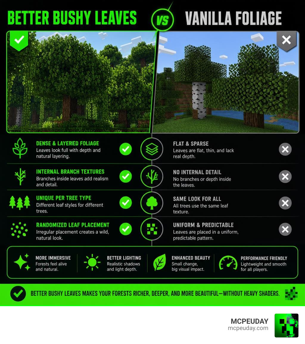 Infographic comparing Better Bushy Leaves features vs vanilla Minecraft foliage infographic