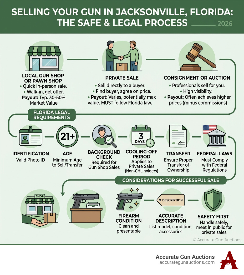 Infographic showing the gun selling process in Florida with options, payouts, and legal requirements infographic