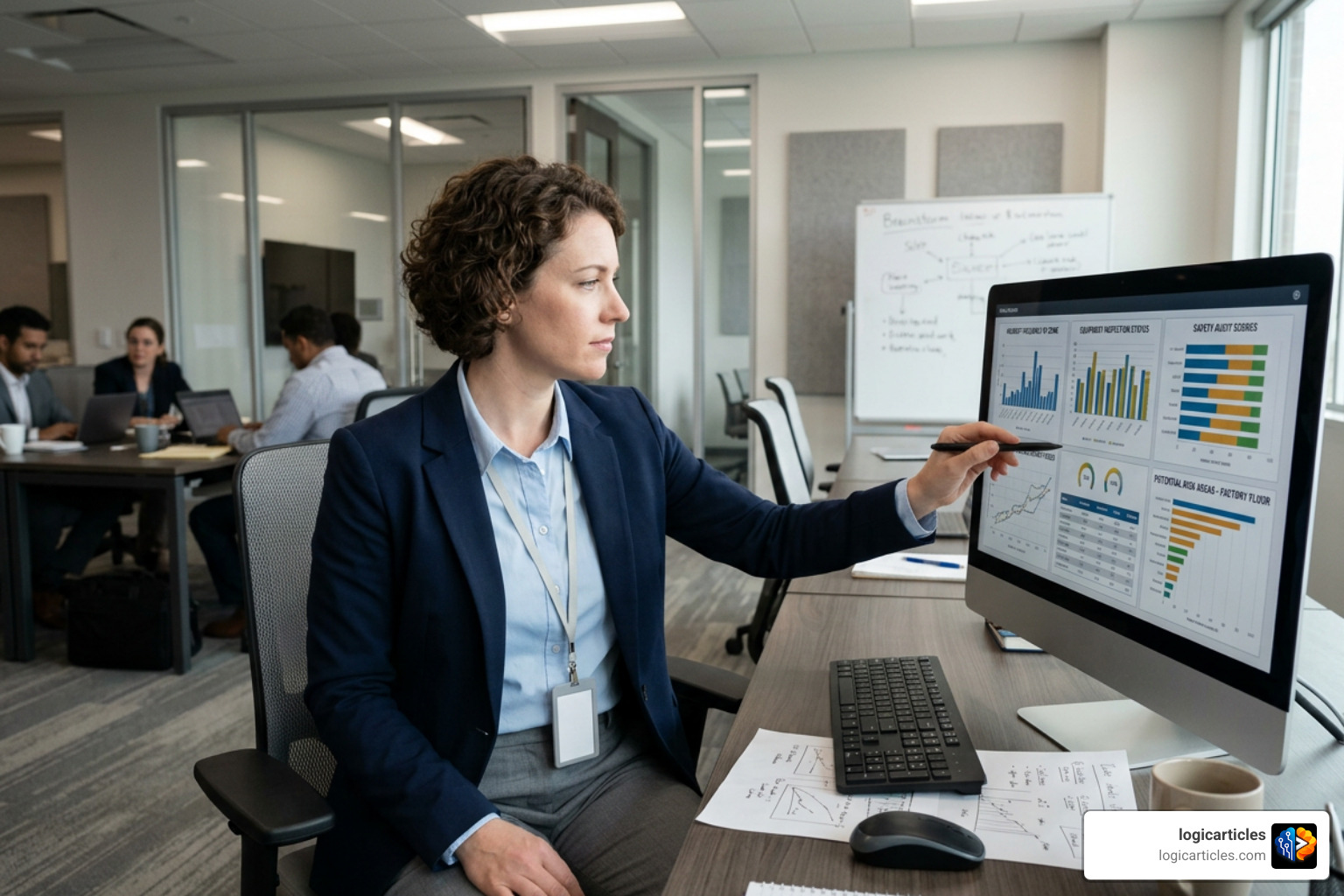 safety manager reviewing workplace hazard data on a digital screen