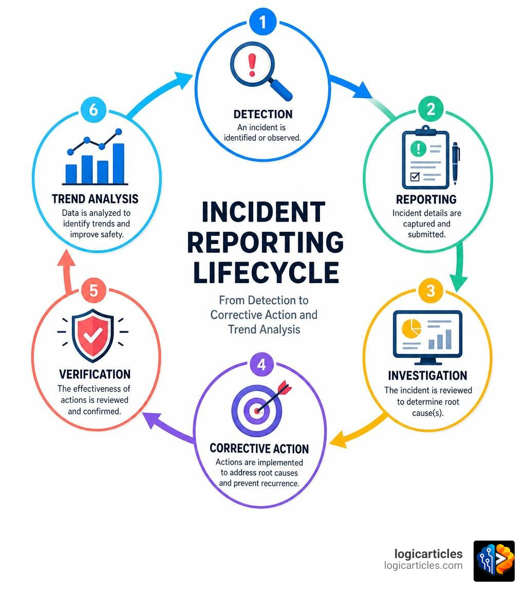 Incident reporting lifecycle from detection to corrective action and trend analysis infographic
