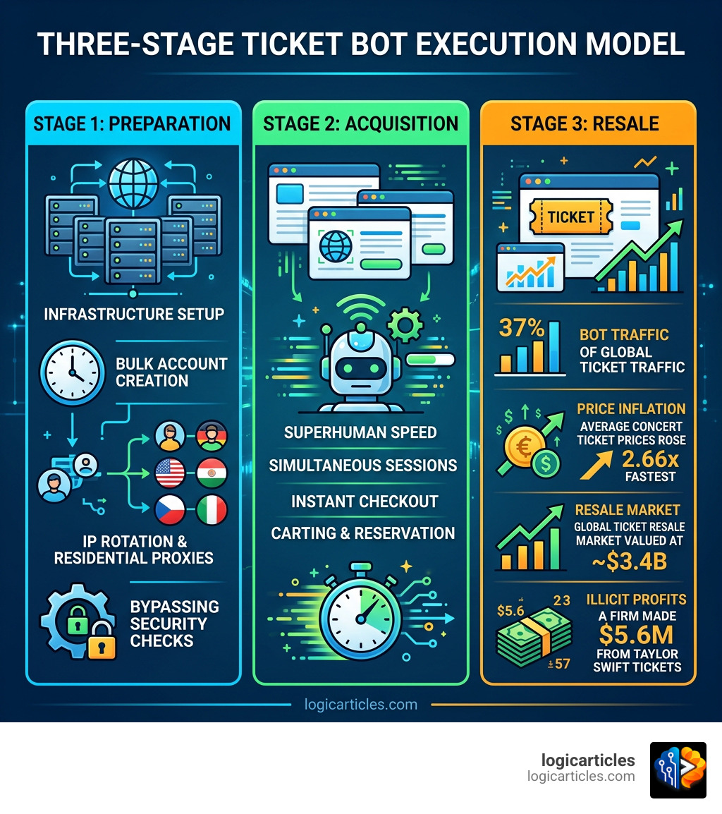 Three-stage ticket bot execution model: Preparation, Acquisition, and Resale with impact stats infographic Three-stage ticket bot execution model: Preparation, Acquisition, and Resale with impact stats infographic