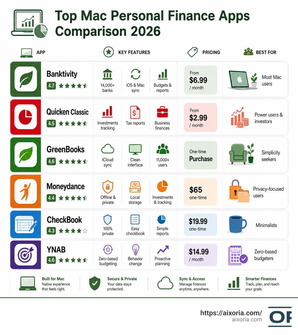 Comparison infographic of top Mac personal finance apps by features, pricing, and user type in 2026 infographic