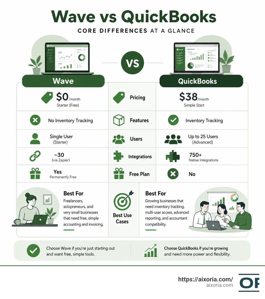 Wave vs QuickBooks core differences: pricing, features, users, and best use cases infographic infographic
