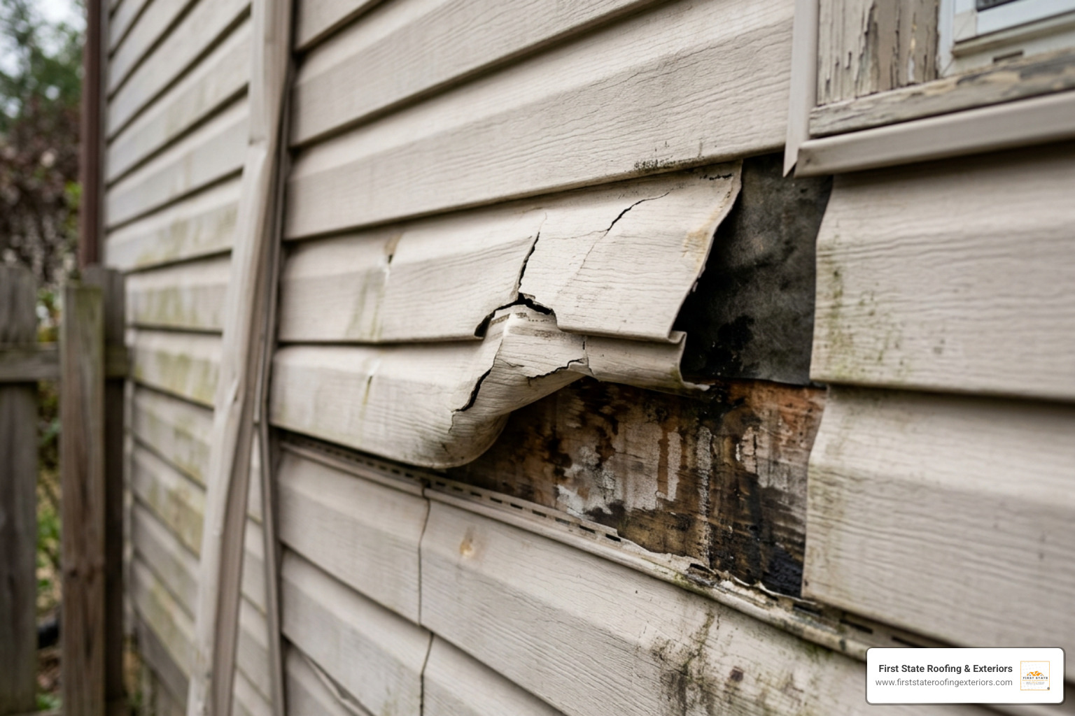 cracked vinyl siding on a home showing moisture exposure underneath cracked vinyl siding on a home showing moisture exposure underneath