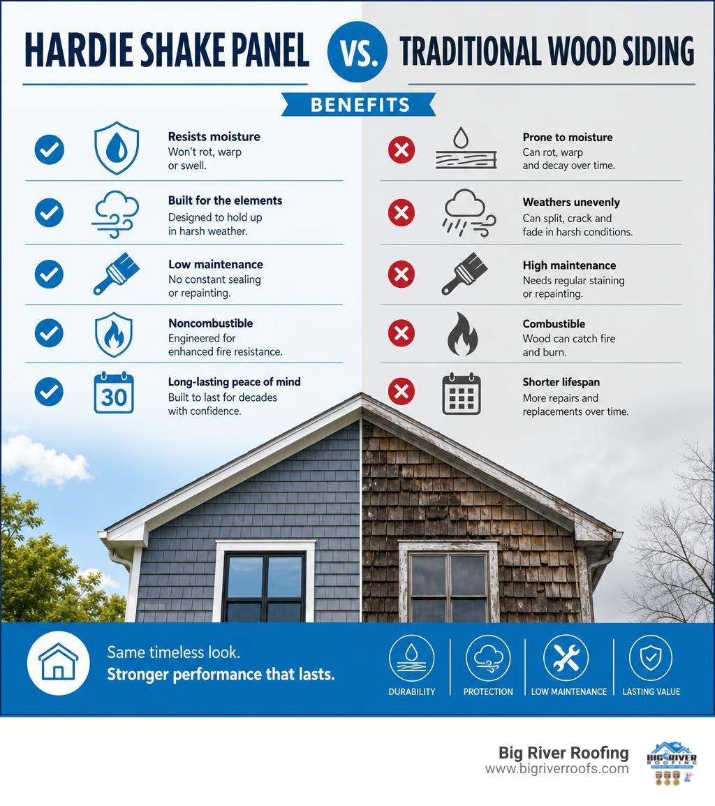 Hardie shake panel vs. traditional wood siding benefits infographic infographic Hardie shake panel vs. traditional wood siding benefits infographic infographic