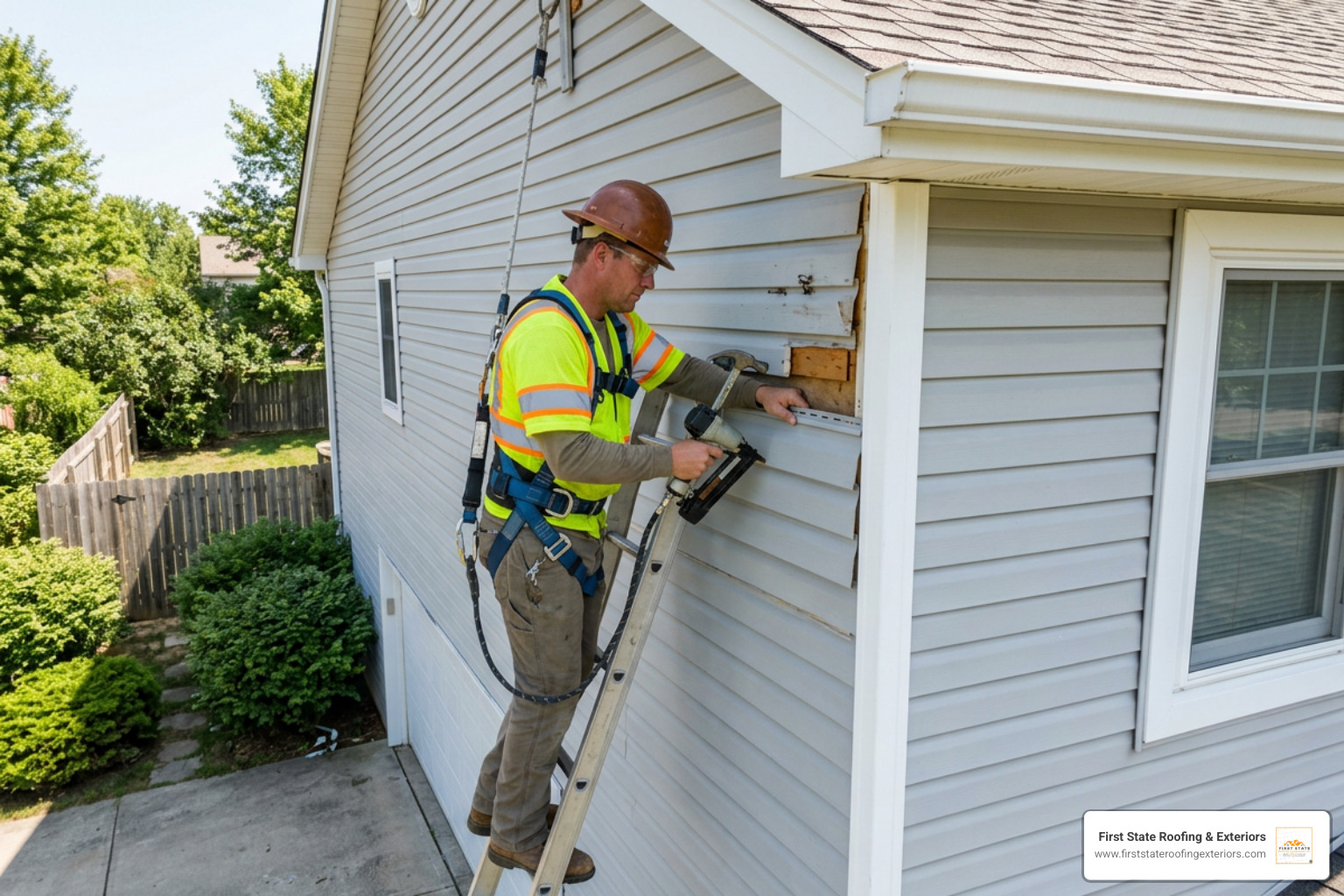 professional siding contractor wearing an OSHA-compliant safety harness repairing home siding professional siding contractor wearing an OSHA-compliant safety harness repairing home siding
