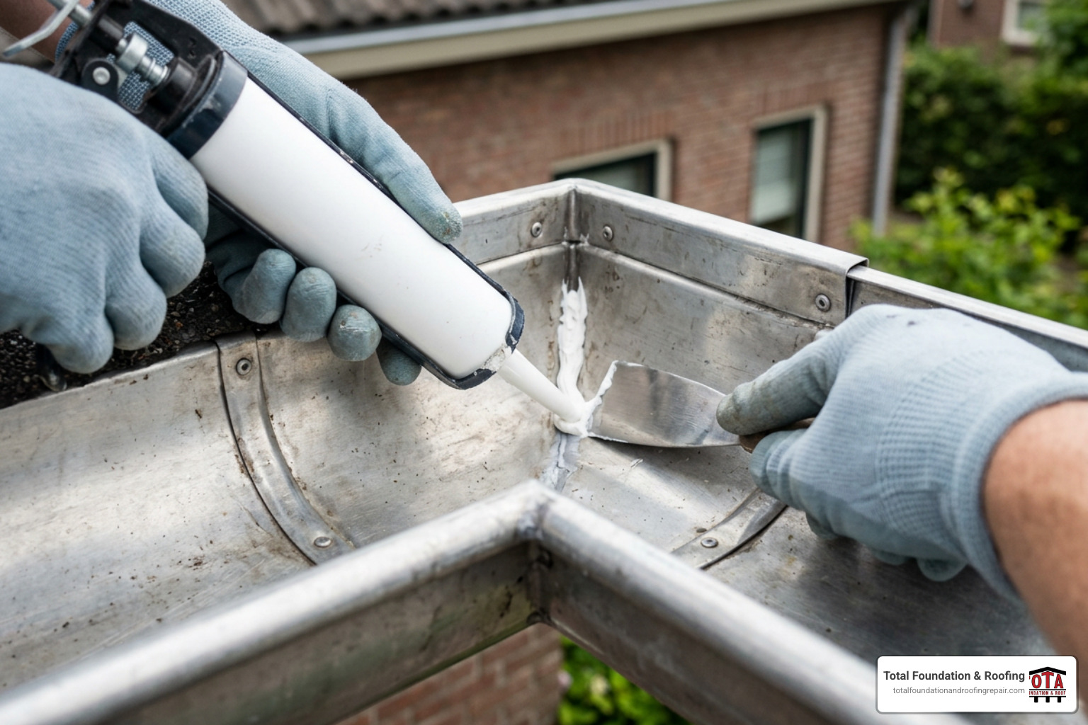 Applying butyl rubber sealant to the inside of an aluminum gutter joint